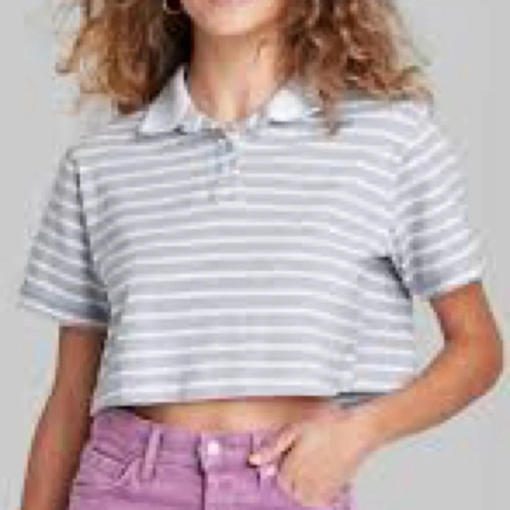 Wild Fable Striped Boxy Cropped Polo Tee Grey/White NWT Rugby